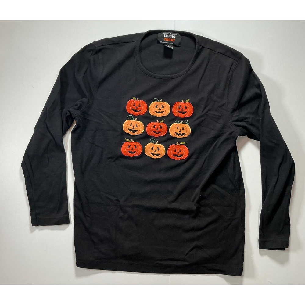 VTG Y2K Pumpkin Halloween Long Sleeve Shirt Women L Black Embroidered